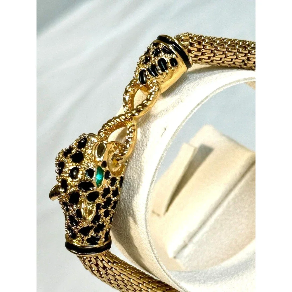Vintage Double Leopard Panther Mesh Bracelet Green Eyes Gold Tone Statement